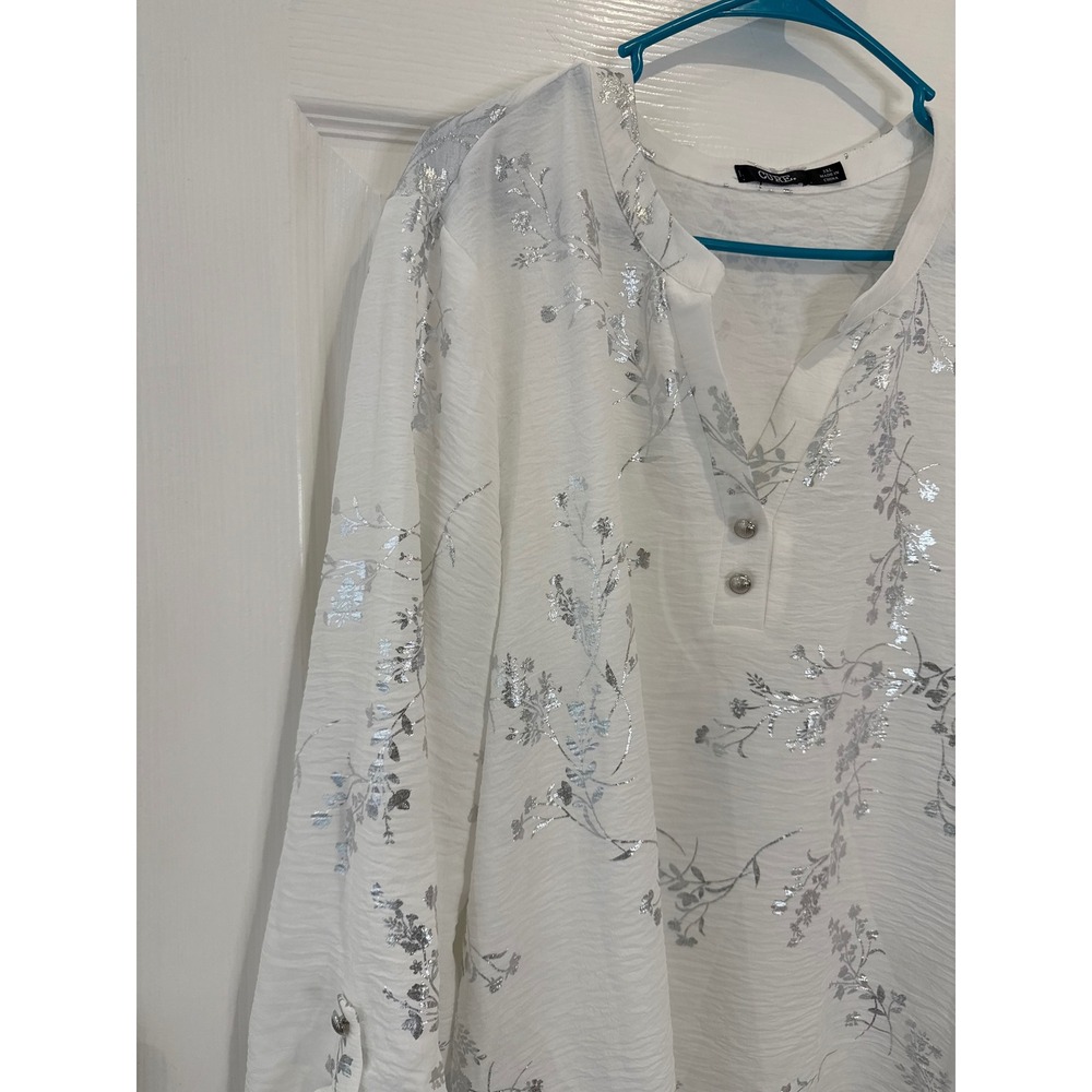 Cure White Silver Floral Blouse 3/4 Sleeve Button Up Tunic Top 3XL - Picture 2 of 5